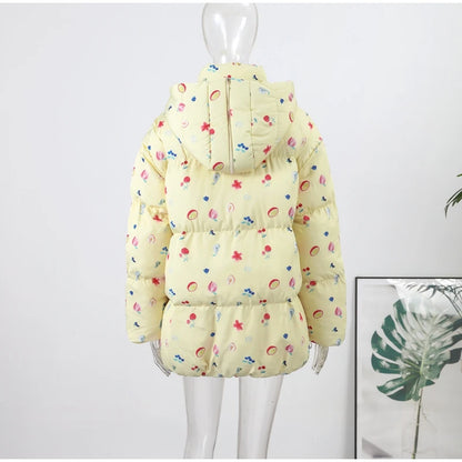 Printed Hooded Puffy Cotton Jacket Women Stand Collar Long Sleeve Zipper Loose Padded Coats 2025 Winter Lady Warm Outwear Street