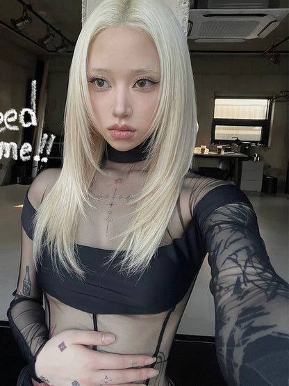 Weird Puss Coquette See Through Bodysuit Women Sexy Wild Mesh Hipster Patchwork Full Sleeve Midnight Stretch Street Clubwear