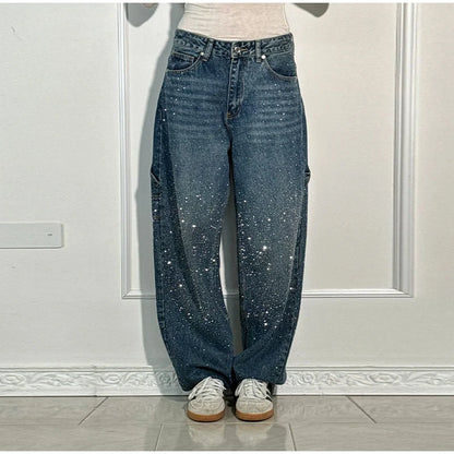 Chic Rhinestone Women's Jeans Y2k Street Oversize Loose Shining Female Wide Leg Pants 2025 Spring Summer Lady Denim Trousers