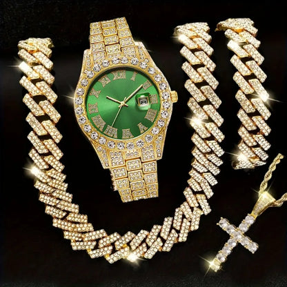 3/4PCS Hip Hop Iced Out Men's Watch Jewelry Set Luxury Rhinestone Quartz Wristwatch Cuban Link Chain Accessories（Without Box）
