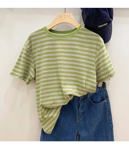 Summer Short Sleeve Striped T-Shirts Versatile Women Knitted Basic Casual Tops Female Cozy Loose Cotton Tees 2023 Harajuku Shirt
