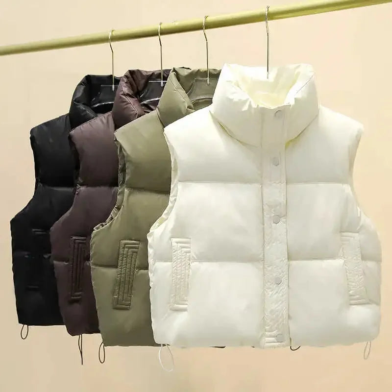 Winter Down Cotton Vest Jacket Women's 2025 New Sleevele Stand Parkas Warm Short Vest Coat Female Waistcoat Overcoat Ladies Tops