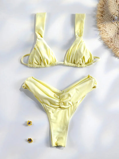 Miyouj Pleasted Bikinis Colaless Swimsuit Triangle Bikini Set Women Swimwear Halter Bathing Suits Bandage Beachwear Brazilian