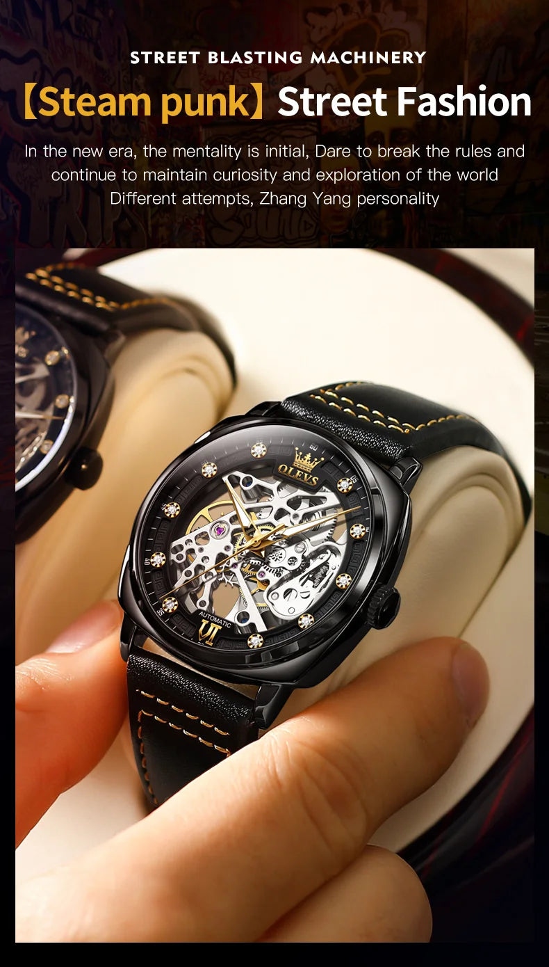 OLEVS 6651 Transparent Hollow Automatic Watches for Men Leather Strap Tonneau PUNK Style Mechanical Writwatch Luxury Man Watch