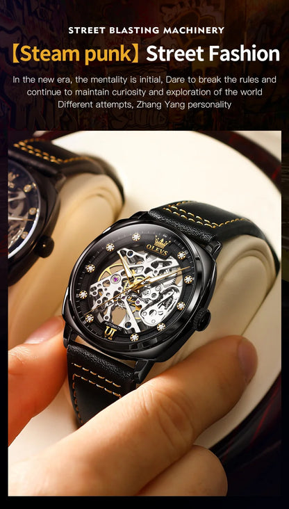OLEVS 6651 Transparent Hollow Automatic Watches for Men Leather Strap Tonneau PUNK Style Mechanical Writwatch Luxury Man Watch
