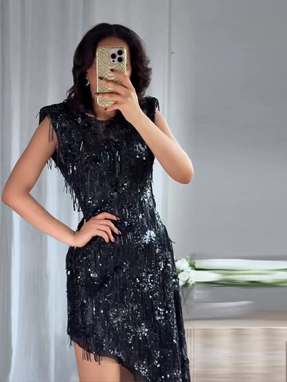Women Dress Female Clothing Evening Dresses Sleeveless Sequin Dress Sexy Mini Dresses Fringe Hem Gown Trendy Party Clothes