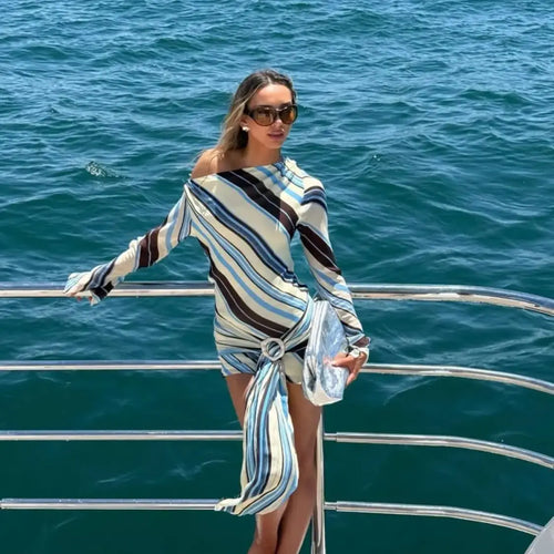 2026 New High Quality Sloping Shoulders Dress Bikini Sexy Women Swimsuit Striped Print Swimwear Dress Bikini Bathing Swimsuit