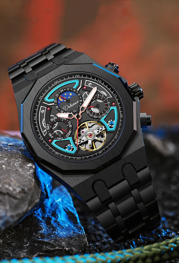 Luxury Tourbillon Watches Men Fashion Sport Rubber Strap Moon Phase Date Waterproof Automatic Mechanical Wrist Watch Man Reloj