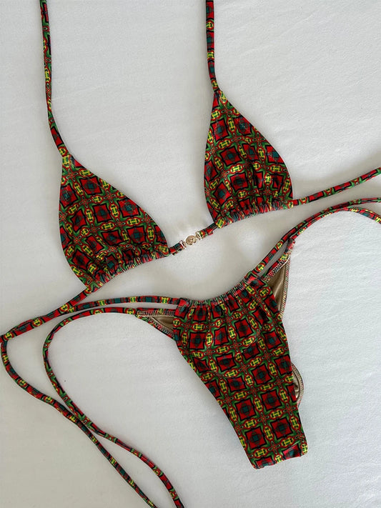 2025 New Sexy Low Waisted Micro Bikini Sets Swimsuit Swimwear Women Strappy Print Floral Halter Beachwear Bathing Suit biquini