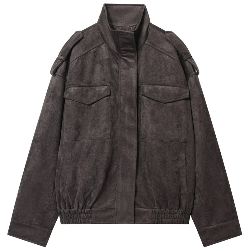 HXAO New Arrival Suede Jacket Women's Jackets Autumn Darkgrey Khaki Bomber Jacket Chic Zip Up Long Sleeve Coat Fashion Outerwear