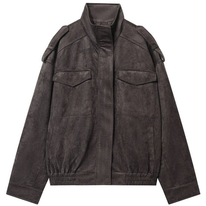 HXAO New Arrival Suede Jacket Women's Jackets Autumn Darkgrey Khaki Bomber Jacket Chic Zip Up Long Sleeve Coat Fashion Outerwear