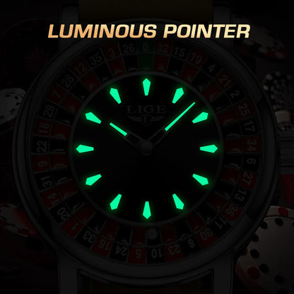 LIGE Quartz Man Watch Fashion Luxury Creative Roulette Game Dial Design Leather Casual Life Waterproof Watches for Men Gifts+Box