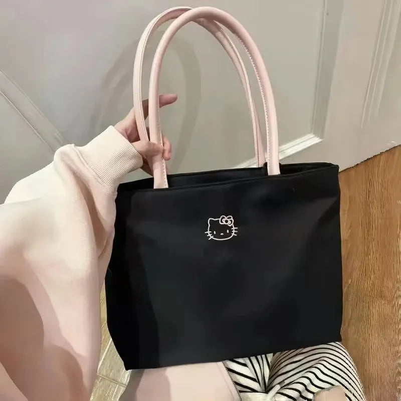 Fashionable womens HelloKitty black tote bag cute cartoon embroidery large capacity shopping bag fashionable womens shoulder bag