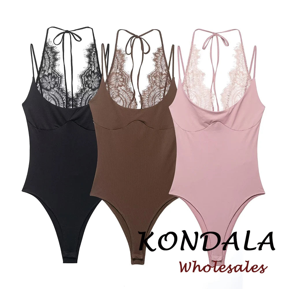 KONDALA 2026 Woman Sexy Night Party Pink Bodysuits Patchwork Lace Sleeveless Streetwear Slim Bodysuits Fashion Mujer Sheath Tops