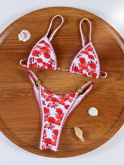 Floral Print Bordered Bikini Set Sexy Swimwear Women 2026 Bikinis Swimsuit Micro Thong Bandage Bathing Suits