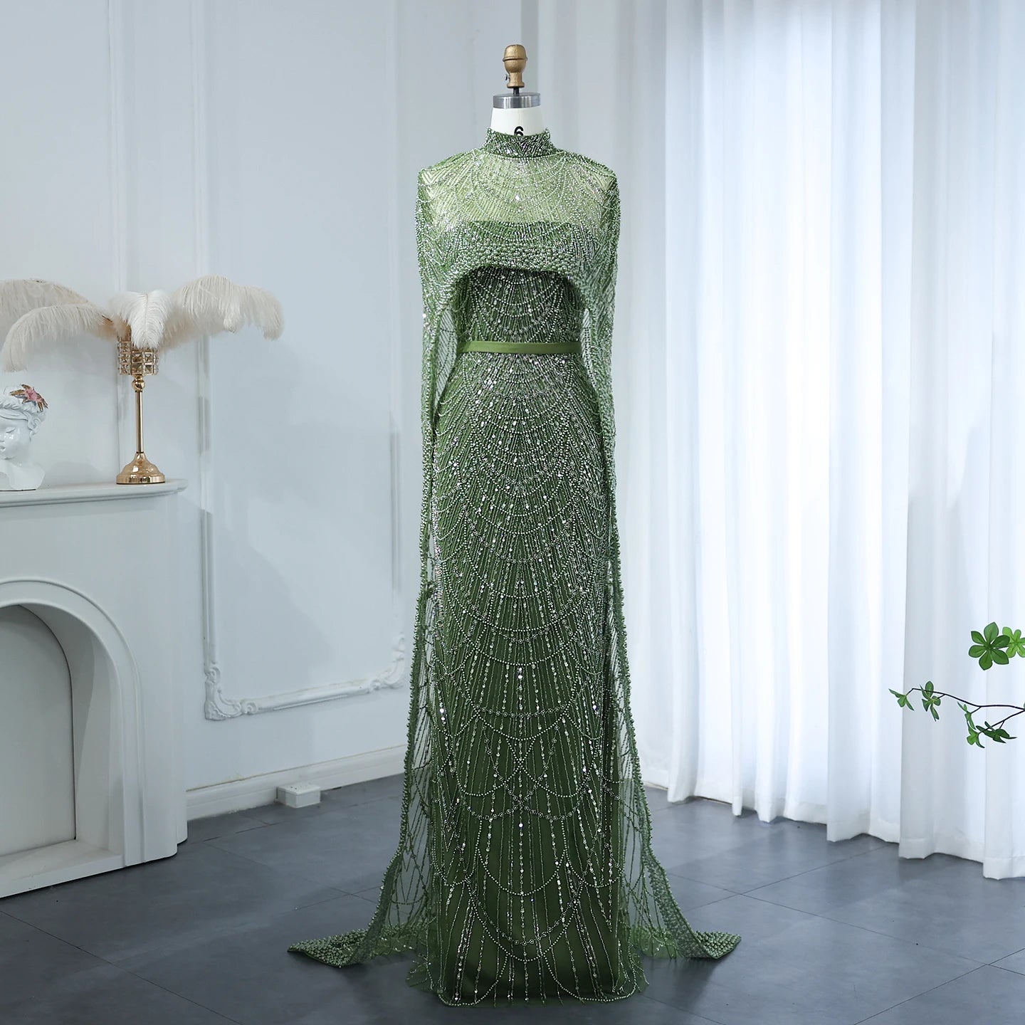 Sharon Said Luxury Pearls Dubai Champagne Evening Dresses with Cape New Arabic Women Mermaid Wedding Party Prom Dress SS369