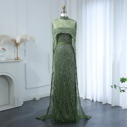 Sharon Said Luxury Pearls Dubai Champagne Evening Dresses with Cape New Arabic Women Mermaid Wedding Party Prom Dress SS369