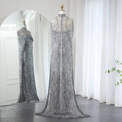 Sharon Said Luxury Pearls Dubai Champagne Evening Dresses with Cape New Arabic Women Mermaid Wedding Party Prom Dress SS369