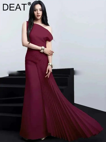 DEAT 2026 Spring Elegant Dress Skew Collar Pleated Design Sleeveless Patchwork High Waist Women's Evening Dresses New 35Z1402