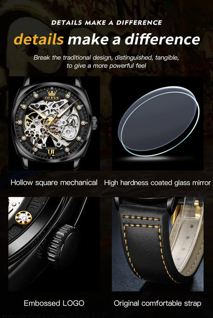 OLEVS 6651 Transparent Hollow Automatic Watches for Men Leather Strap Tonneau PUNK Style Mechanical Writwatch Luxury Man Watch