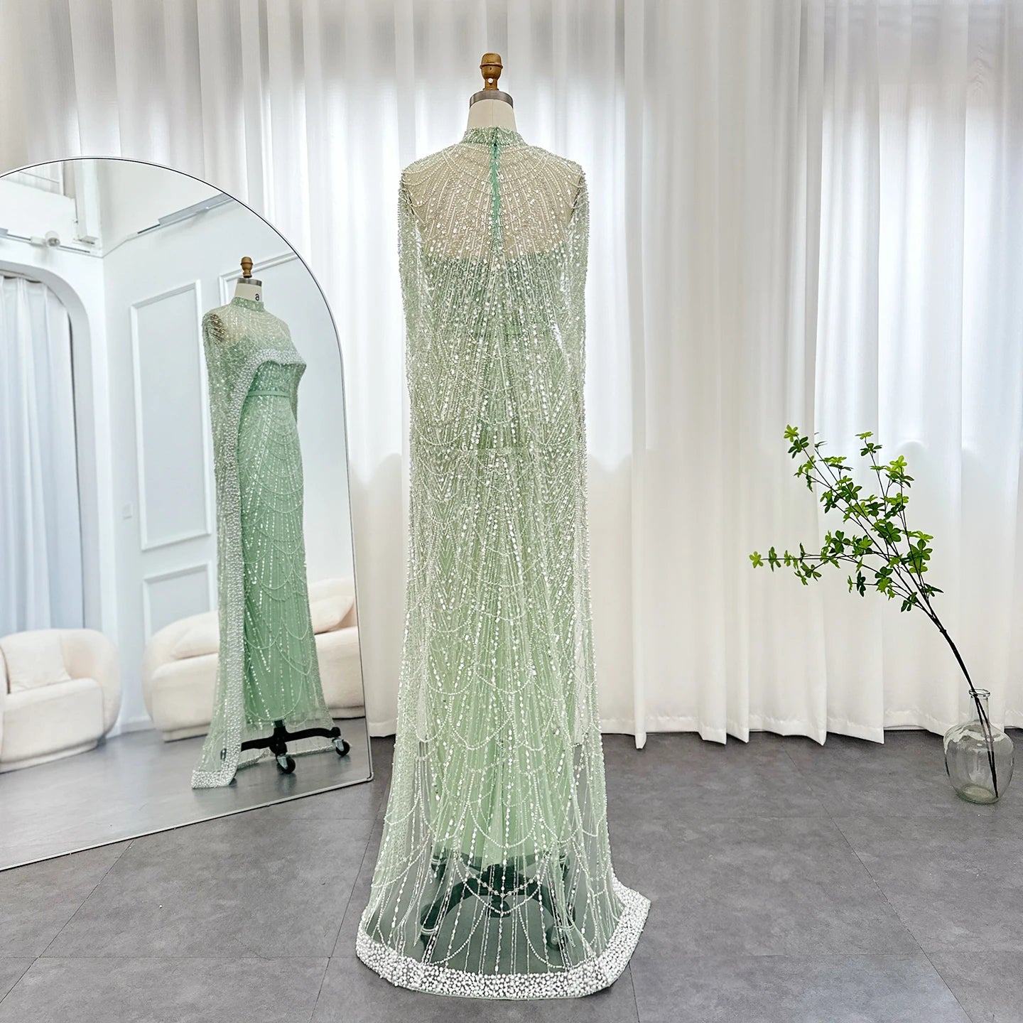 Sharon Said Luxury Pearls Dubai Champagne Evening Dresses with Cape New Arabic Women Mermaid Wedding Party Prom Dress SS369