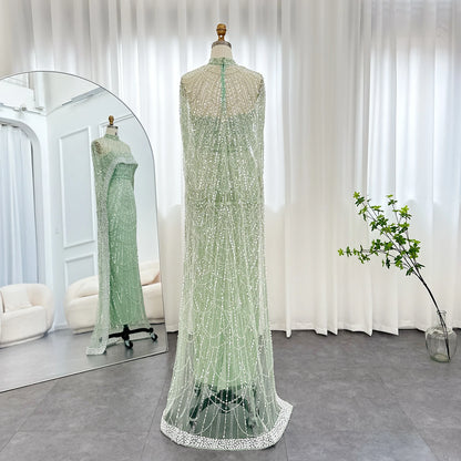 Sharon Said Luxury Pearls Dubai Champagne Evening Dresses with Cape New Arabic Women Mermaid Wedding Party Prom Dress SS369
