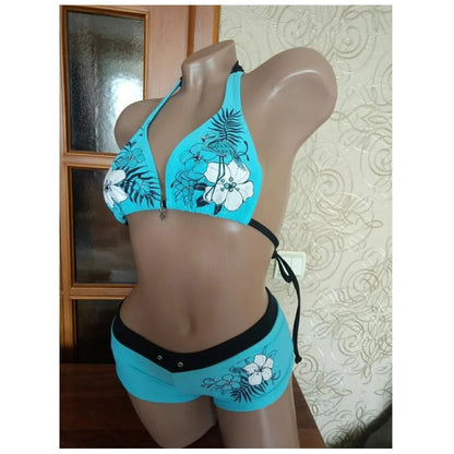 Vintage Flower print Cutie 2 set Bikini 2000s Swimsuit Sexy Women Bathing Fashion Halter Strap Swimwear High Street Beach Female