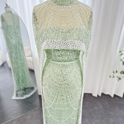 Sharon Said Luxury Pearls Dubai Champagne Evening Dresses with Cape New Arabic Women Mermaid Wedding Party Prom Dress SS369