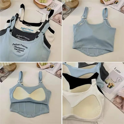 Fashion Embroid Letter Print Crop Tops Women Summer Sexy Streetwear Short Tops Suspenders Sports Tank Top Gym Solid Slim Vest
