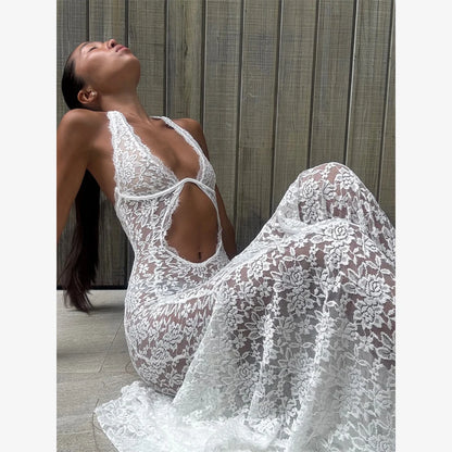 White Lace Hollow Out Halter Long Dress Women Sexy Sleeveless Off Shoulder Slim Maxi Dresses 2026 Lady Holiday Beach Vestidos
