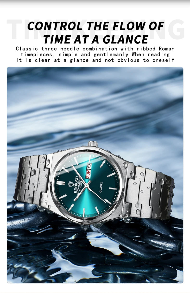 BINBOND Fashion B102 Men Business Watch Leisure Quartz Stainless Steel Buckle Watches Waterproof Luminous Calendar Men's Watches