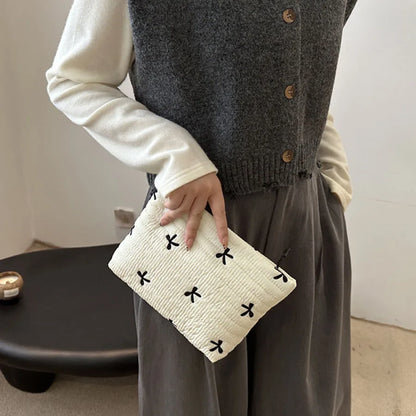 Cute Makeup Bag with Zipper Large Capacity Cosmetic Bag Embroidery Bow Wash Storage Bag