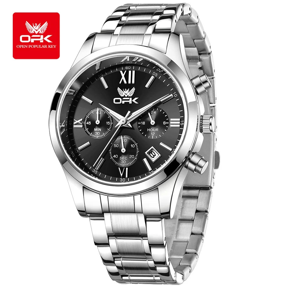 OPK 6052 Chronograph Quartz Wristwatch Original Steel Strap Waterproof Luminous Calendar Fashion Elegant Men's Business Watches