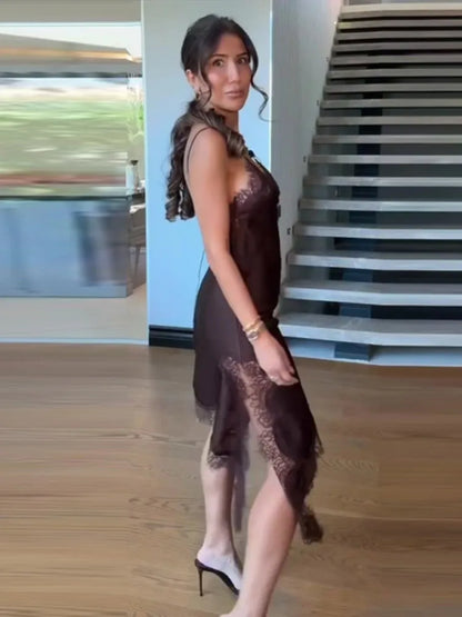 Sexy Satin Sexy Lace Spliced Sling Dress Women V-neck Sleeveless Backless Asymmetric Party Dresses 2025 Summer Vestidos