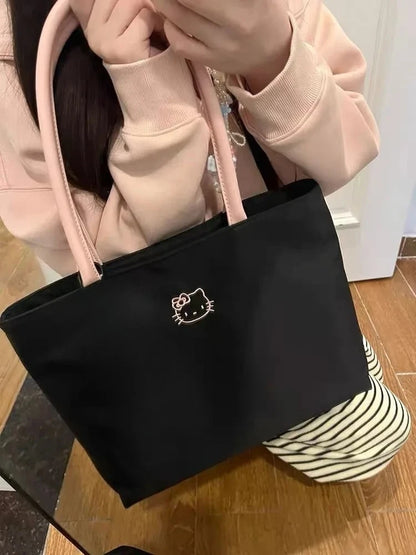 Fashionable womens HelloKitty black tote bag cute cartoon embroidery large capacity shopping bag fashionable womens shoulder bag
