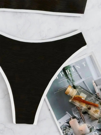 2026 Women Sexy Thong Swimsuit Push Up Swimwear Contrast Binding Bandeau Bikinis Female Bathing Suit Swimming Summer Beachwear