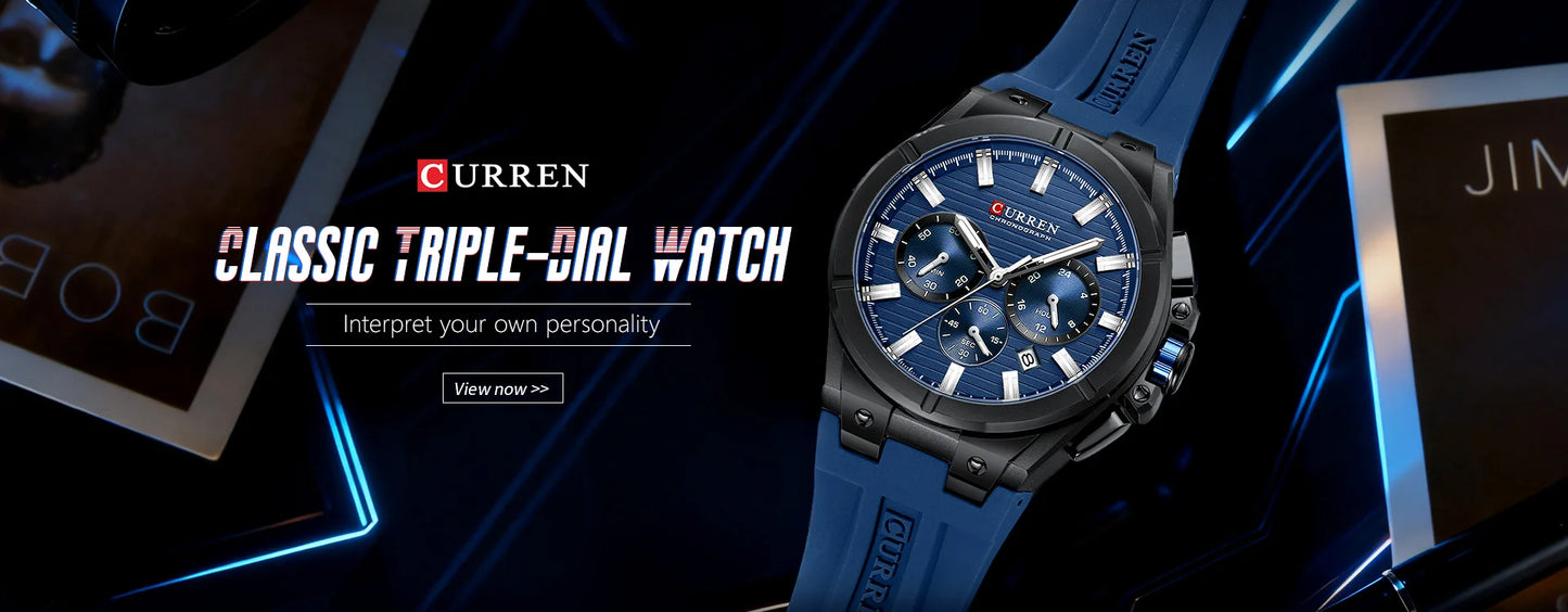 CURREN 8487 Casual Men's Quartz Wristwatch Multifunctional Chronograph Calendar Outdoor Sports Luminous Fashion Watches for Man