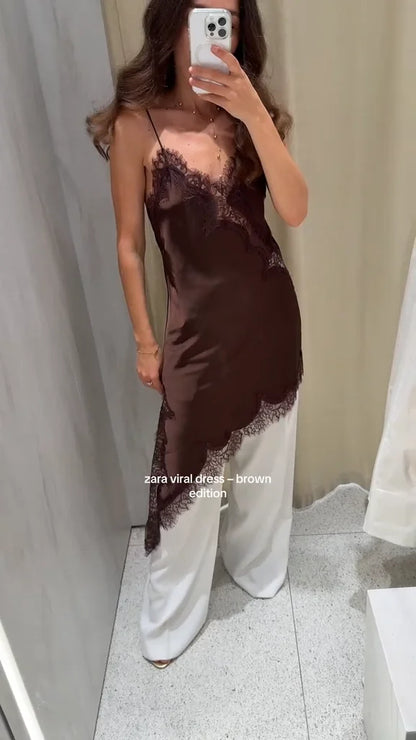 Sexy Satin Sexy Lace Spliced Sling Dress Women V-neck Sleeveless Backless Asymmetric Party Dresses 2025 Summer Vestidos