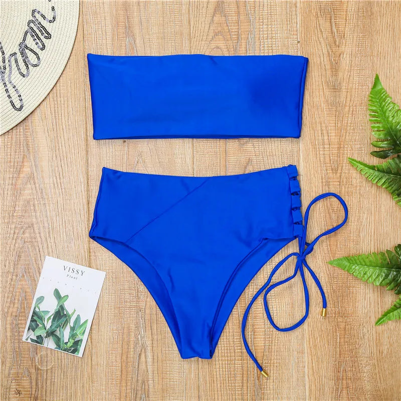 White push up swimsuit 2023 Summer beach sexy bikini set High Waist solid swimming suit for women swimwear Bandeau bathing suit