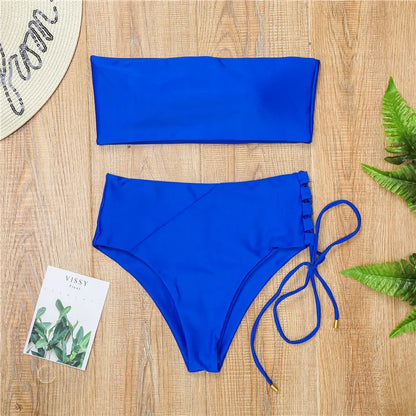 White push up swimsuit 2023 Summer beach sexy bikini set High Waist solid swimming suit for women swimwear Bandeau bathing suit