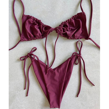 BIQIUYYI Brazilian Sexy Micro Mini Thong Bikini Set Summer Bandage Swimsuit Women Pleated Bathing Suit Beachwear Halter Biqiuni