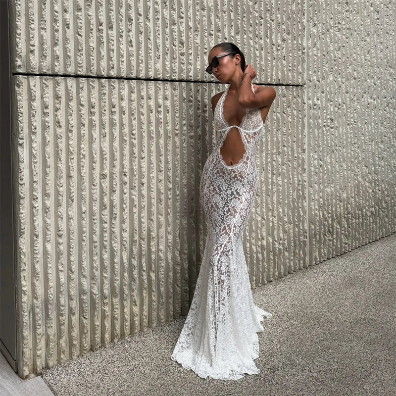 White Lace Hollow Out Halter Long Dress Women Sexy Sleeveless Off Shoulder Slim Maxi Dresses 2026 Lady Holiday Beach Vestidos