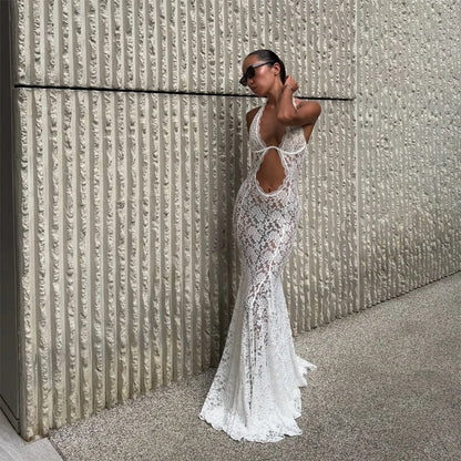 White Lace Hollow Out Halter Long Dress Women Sexy Sleeveless Off Shoulder Slim Maxi Dresses 2026 Lady Holiday Beach Vestidos