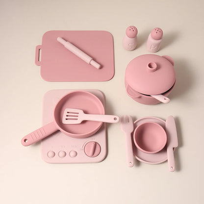 Kids Pretend Play Kitchen Toys, Food-Grade Silicone Dish Set, Realistic Mini Cooking Toys with Bowls, Plates, Pots for Toddlers