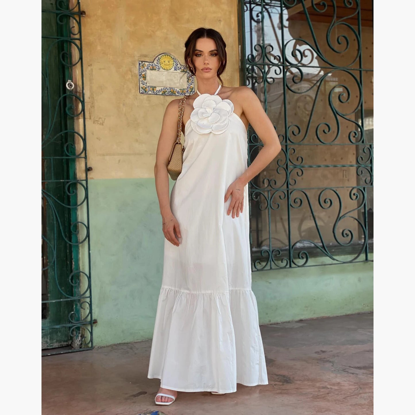 Ashgaily White Dress Women Halter Cotton Long Dress Lace Elegant Party Outfits Ladies Sexy Club Clothes