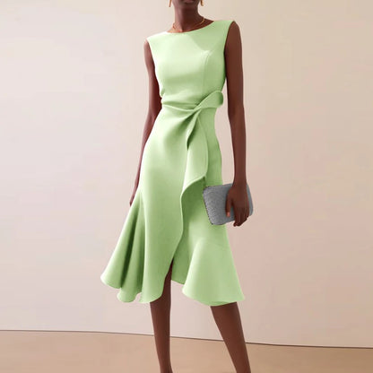 Women Crew Neck Ruffle Banquet Dress Elegant Spring Solid High Waist Slim Long Dress 2025 Summer Sleeveless A-Line Party Dresses