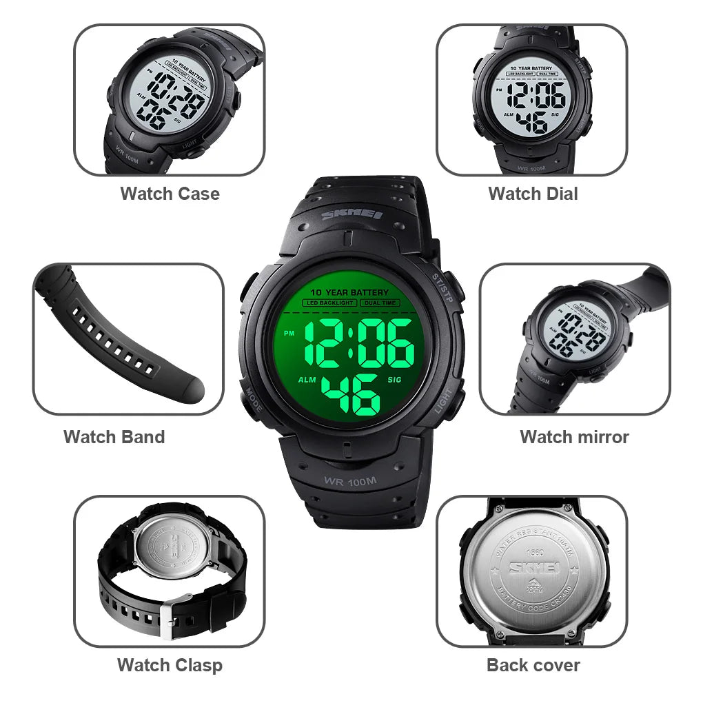 SKMEI 1560 Sport Electronics Watch for Men 100M Waterproof LED Display Digital Mens Wristwatches Stopwatch Military Reloj Hombre