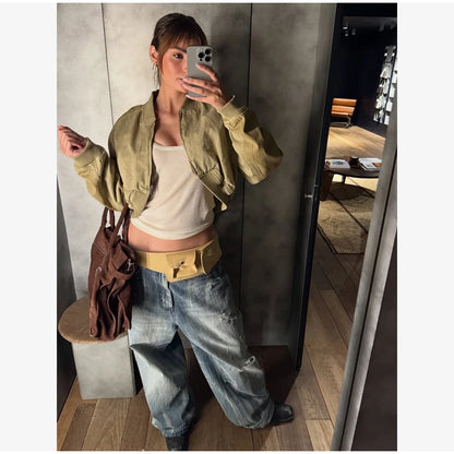 Women Khaki Cropped Bomber Jacket Chic Lapel Zipper Pocket Long Sleeve Short Coat Casual 2026 New Lady Street Daily Crop Outwear