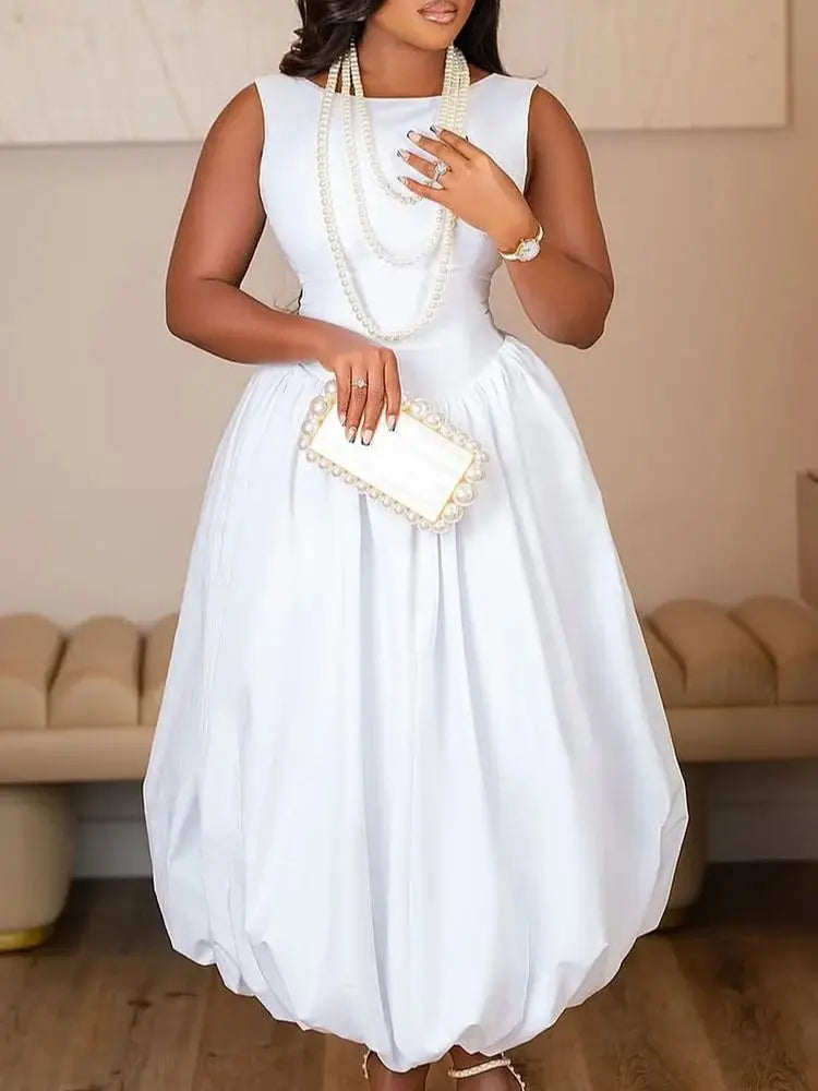 Women Elegant Dress Wedding White Round Neck Bubble Maxi Dresses Sleeveless Pleated A-Line Backless Casual Cocktail Summer Dress