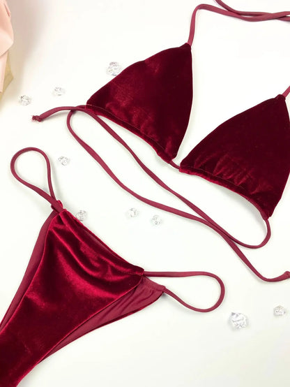 Sexy Velvet Swimsuit for Women, Micro Bikini Set, Thong Swim Suit, 2 Piece Bathing Suit for Ladies, Green String Bikini, 2022
